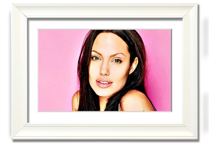 Angelina Jolie Pink framed print with a soft pink hue, elegantly displayed in a stylish frame.