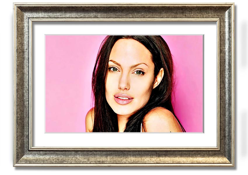 Angelina Jolie Pink framed print with a soft pink hue, elegantly displayed in a stylish frame.