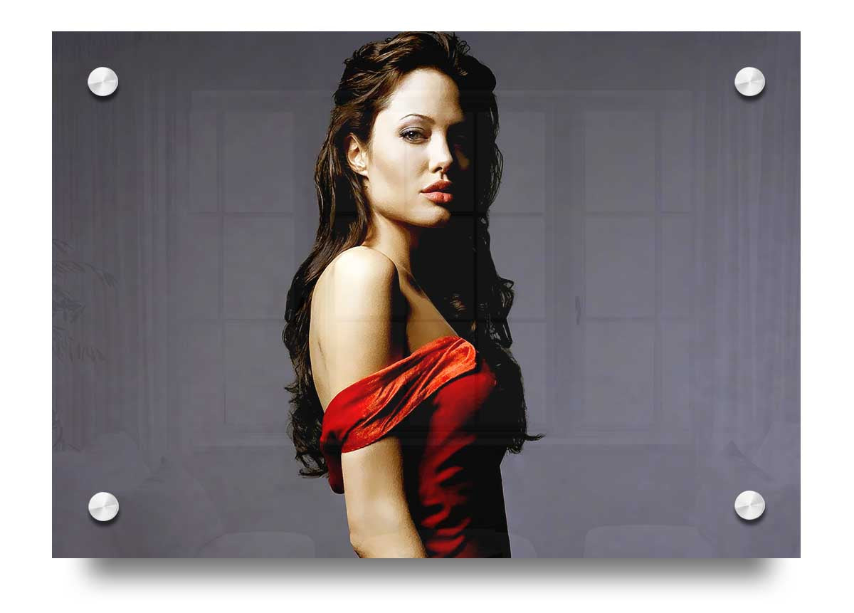 Acrylic print of Angelina Jolie in a vibrant red dress, showcasing her elegance and style.