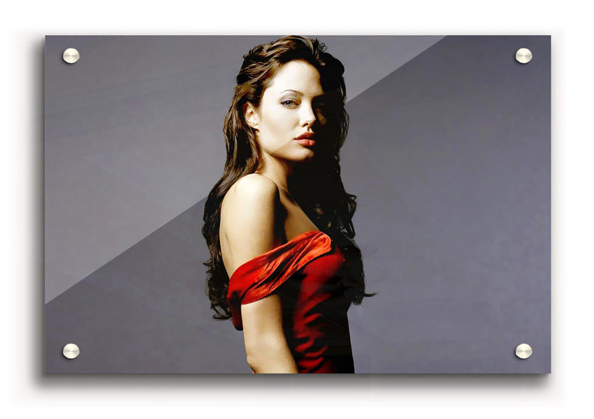 Acrylic print of Angelina Jolie in a vibrant red dress, showcasing her elegance and style.