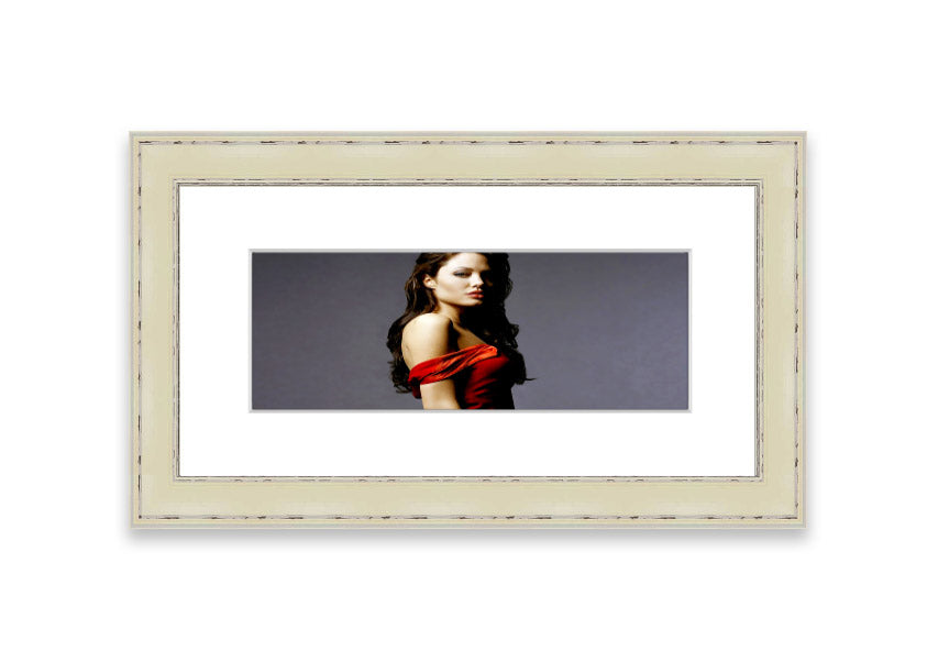 Framed print of Angelina Jolie in a red dress, showcasing elegance and beauty.