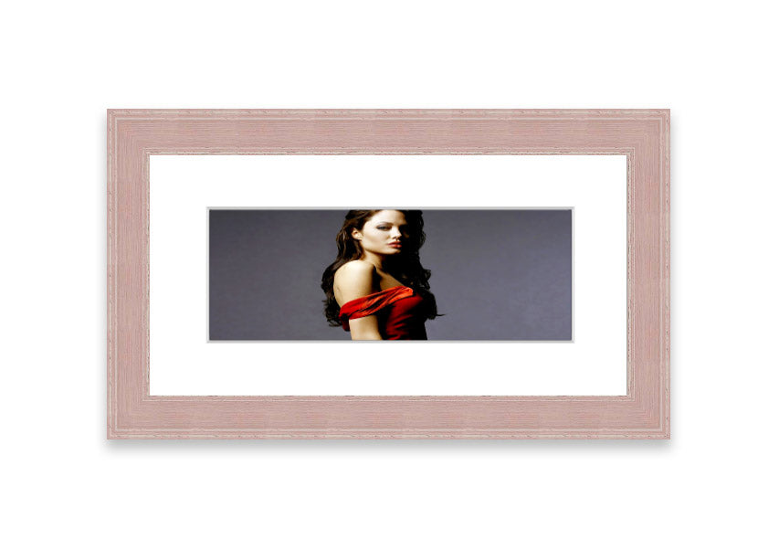 Framed print of Angelina Jolie in a red dress, showcasing elegance and beauty.