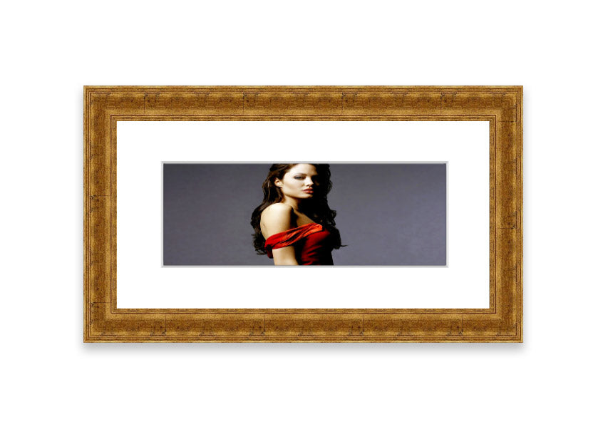 Framed print of Angelina Jolie in a red dress, showcasing elegance and beauty.