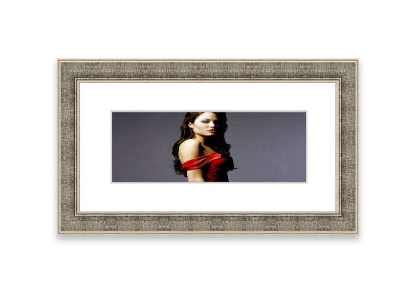 Framed print of Angelina Jolie in a red dress, showcasing elegance and beauty.