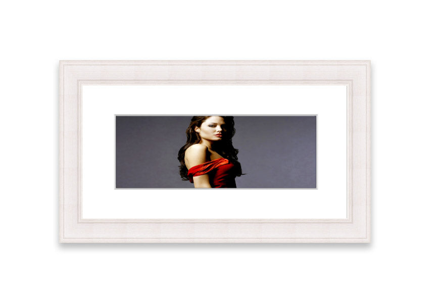 Framed print of Angelina Jolie in a red dress, showcasing elegance and beauty.