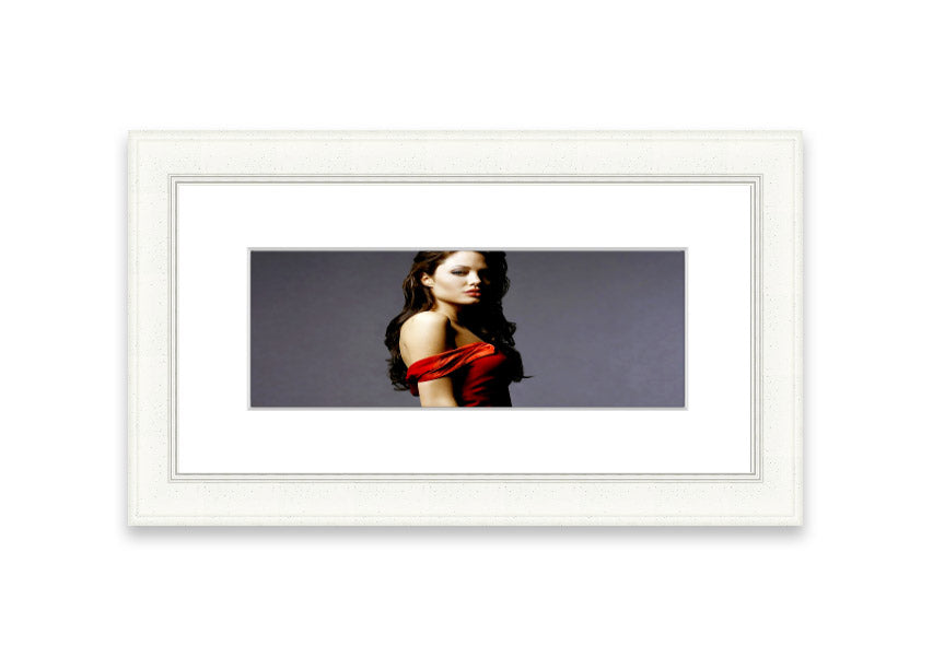 Framed print of Angelina Jolie in a red dress, showcasing elegance and beauty.