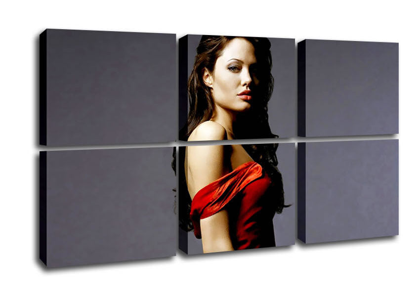 Canvas art featuring Angelina Jolie in a vibrant red dress, mounted on a sturdy frame, ready to hang.