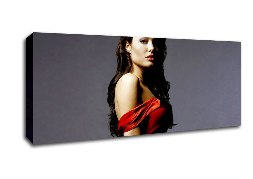 Canvas art featuring Angelina Jolie in a vibrant red dress, mounted on a sturdy box frame, ready to hang.