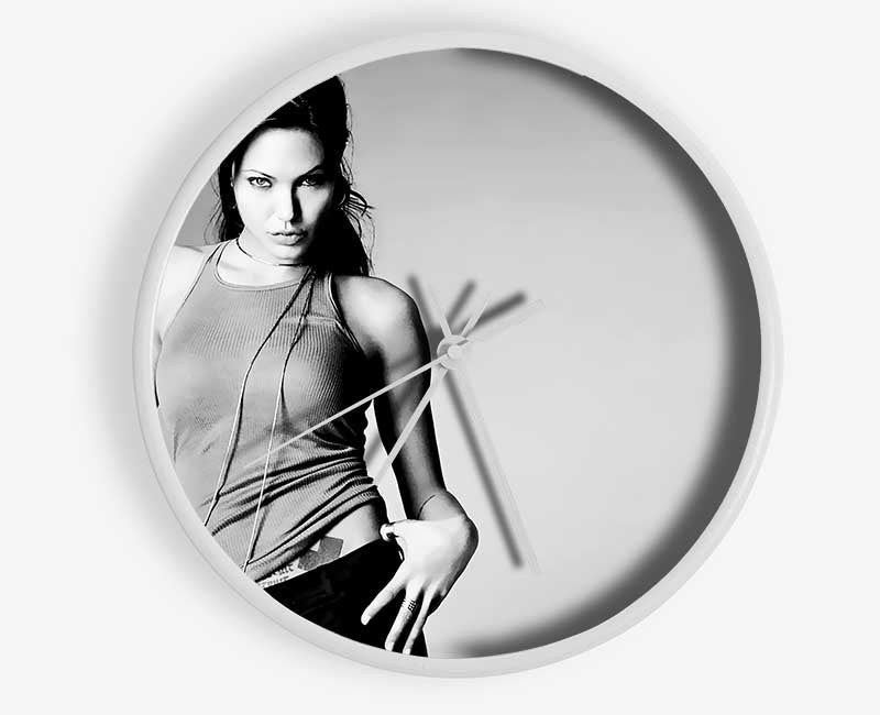 Stylish Angelina Jolie Sexy B n W clock made of natural bamboo with a round face and clear Plexiglas lens, available in black, white, and natural colors.