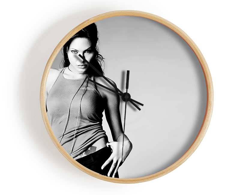 Stylish Angelina Jolie Sexy B n W clock made of natural bamboo with a round face and clear Plexiglas lens, available in black, white, and natural colors.