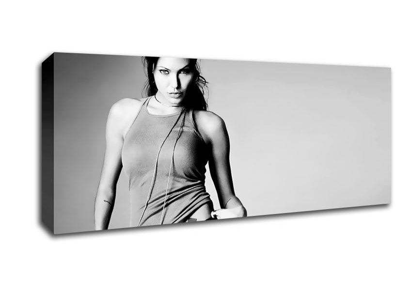 Black and white canvas art featuring Angelina Jolie, mounted on a sturdy box frame, ready to hang.