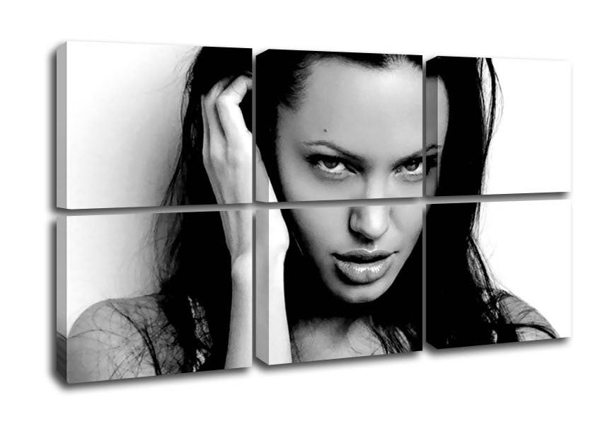 A beautifully framed canvas art piece featuring Angelina Jolie's captivating eyes, mounted on a sturdy box frame, ready to hang.