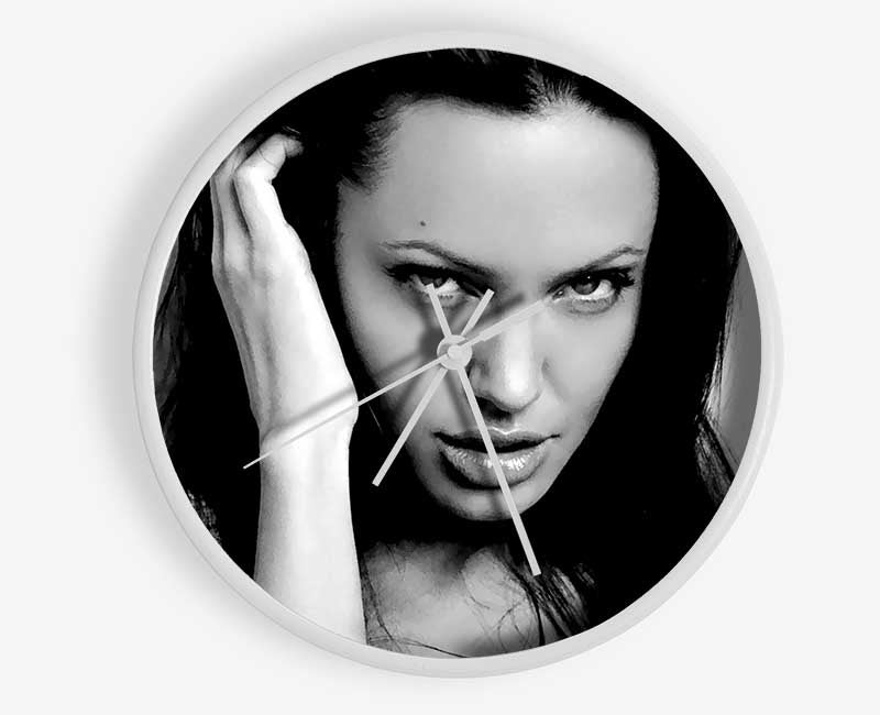 A stylish bamboo clock with a round face, available in black, white, and natural frame colors, featuring a clear Plexiglas lens.