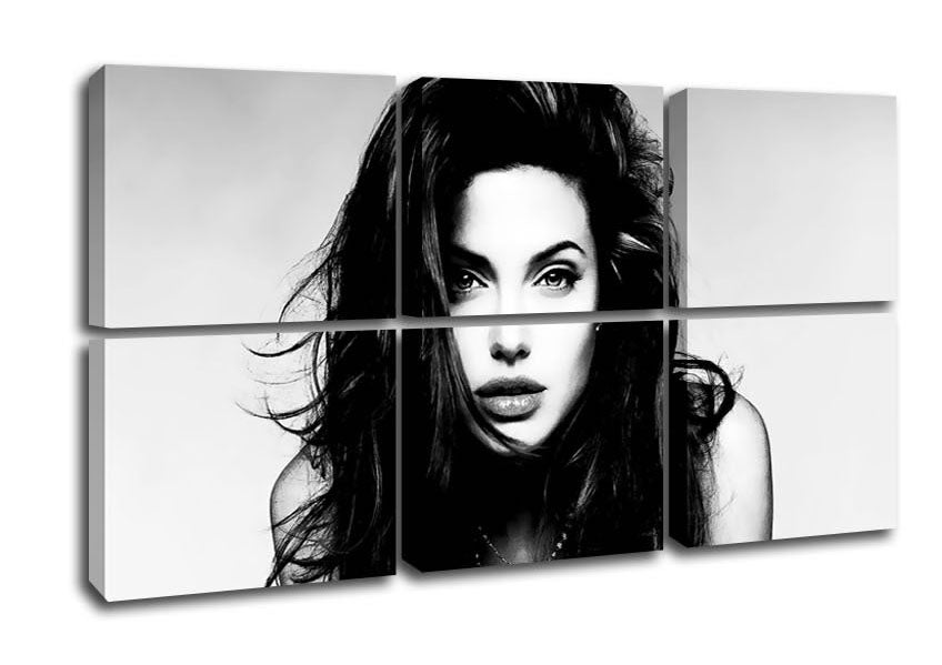 Canvas art featuring Angelina Jolie's captivating stare, mounted on a 44mm box frame, ready to hang.