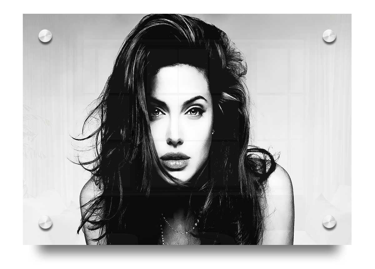 Acrylic print of Angelina Jolie with a sexy stare, showcasing vibrant colors and sharp details on 5mm thick acrylic glass.