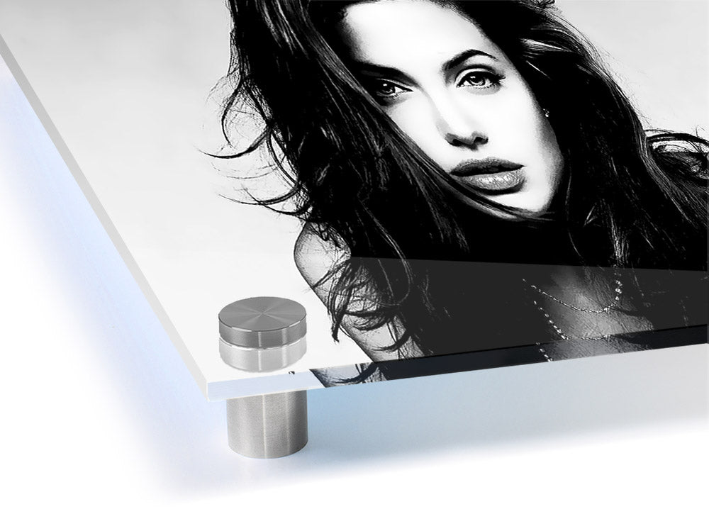 Acrylic print of Angelina Jolie with a sexy stare, showcasing vibrant colors and sharp details on 5mm thick acrylic glass.