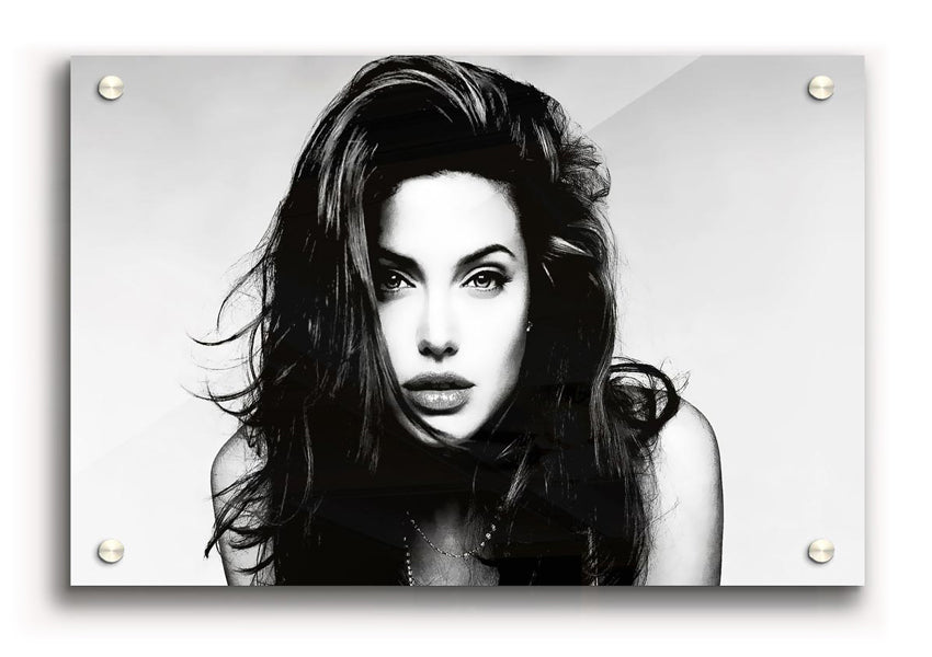 Acrylic print of Angelina Jolie with a sexy stare, showcasing vibrant colors and sharp details on 5mm thick acrylic glass.