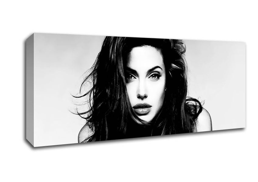 Canvas art featuring Angelina Jolie with a sexy stare, mounted on a 44mm box frame, ready to hang.