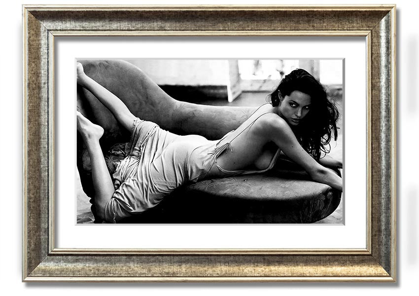 Angelina Jolie Sofa B n W framed print, showcasing a stylish black and white design, ready to hang.