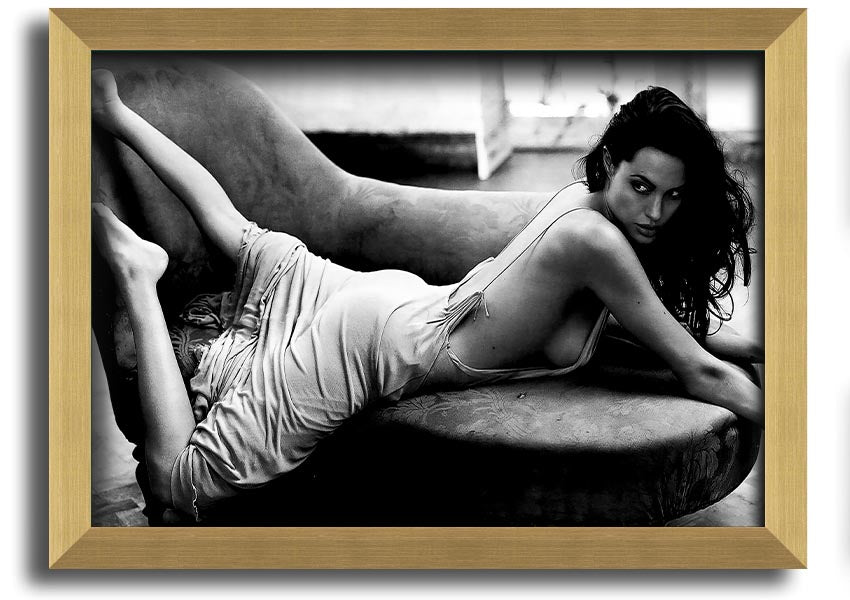 Angelina Jolie Sofa B n W framed print, showcasing a stylish black and white design, ready to hang.