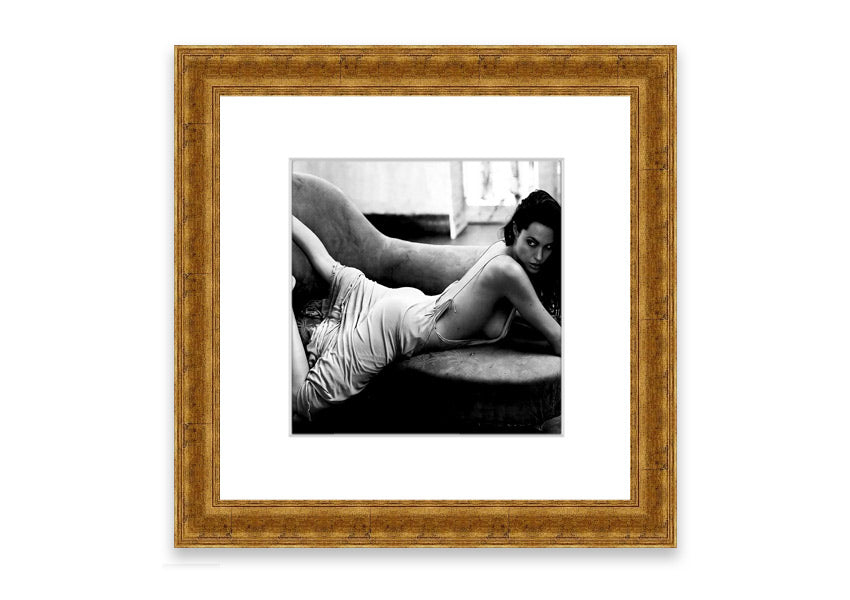 Angelina Jolie Sofa B~w framed print, showcasing a stunning image of the actress with a stylish frame.