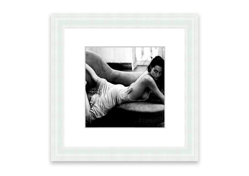 Angelina Jolie Sofa B~w framed print, showcasing a stunning image of the actress with a stylish frame.