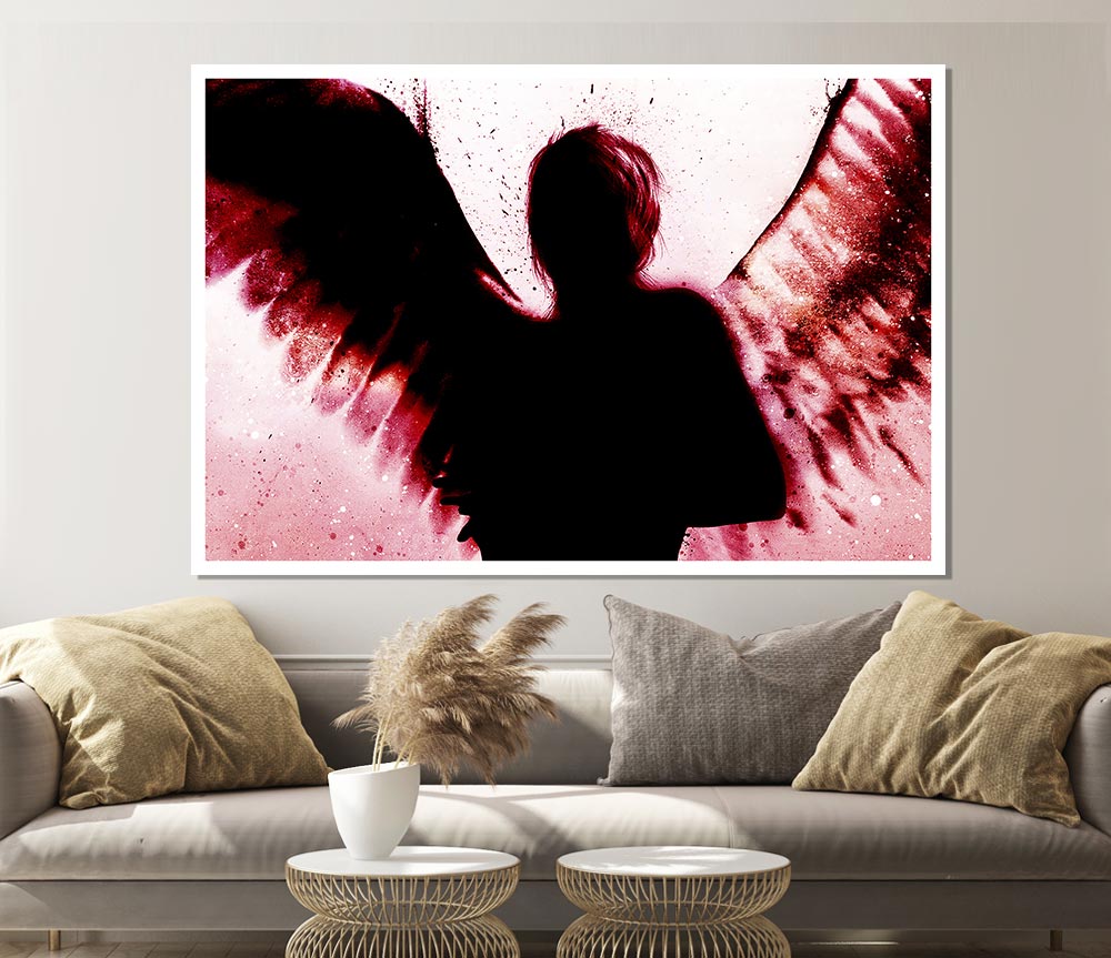 A vibrant red canvas poster titled Angels In The Night Red, showcasing intricate details and colors, ready for display or framing.