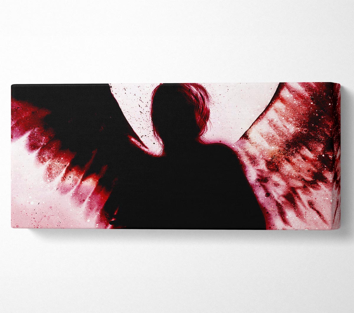 Angels In The Night Red canvas artwork mounted on a box frame, showcasing vibrant red tones and intricate details.