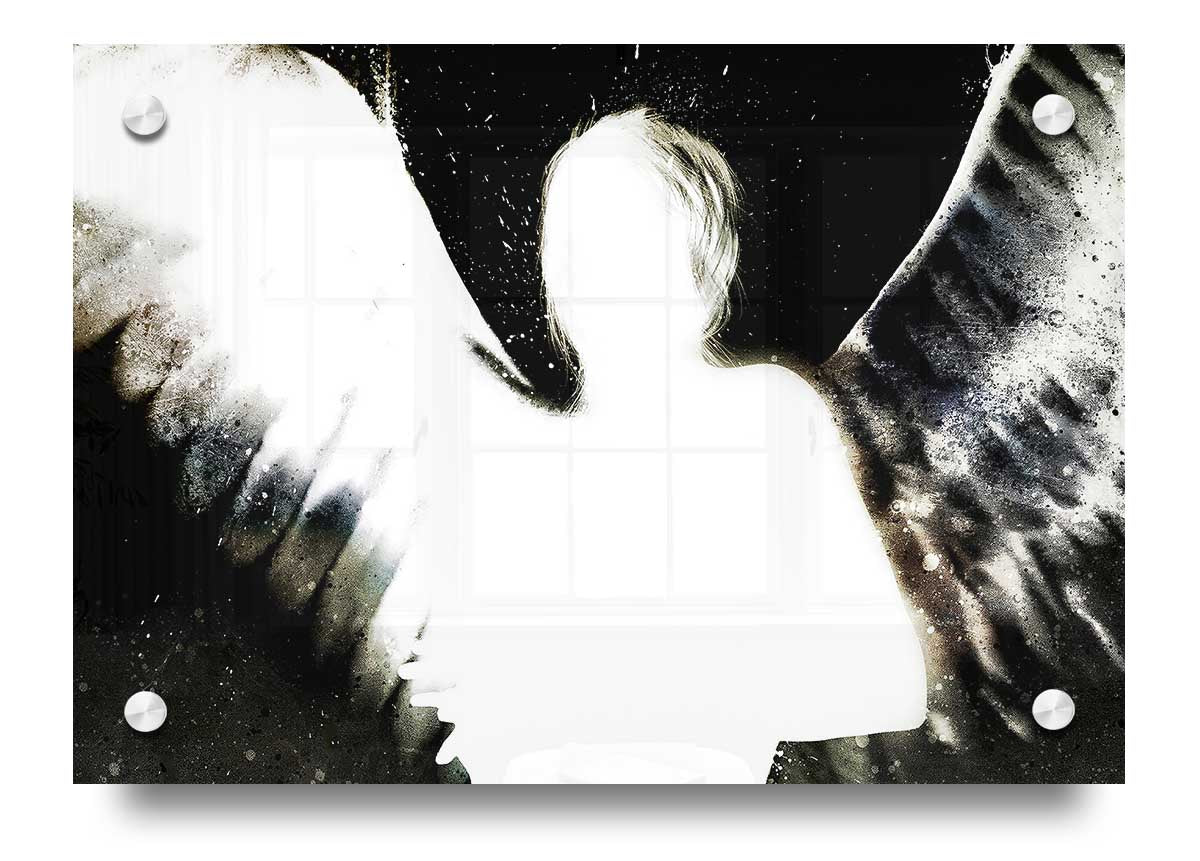 Angels In The Night White On Black acrylic print showcasing a striking white design on a black background, perfect for wall decor.