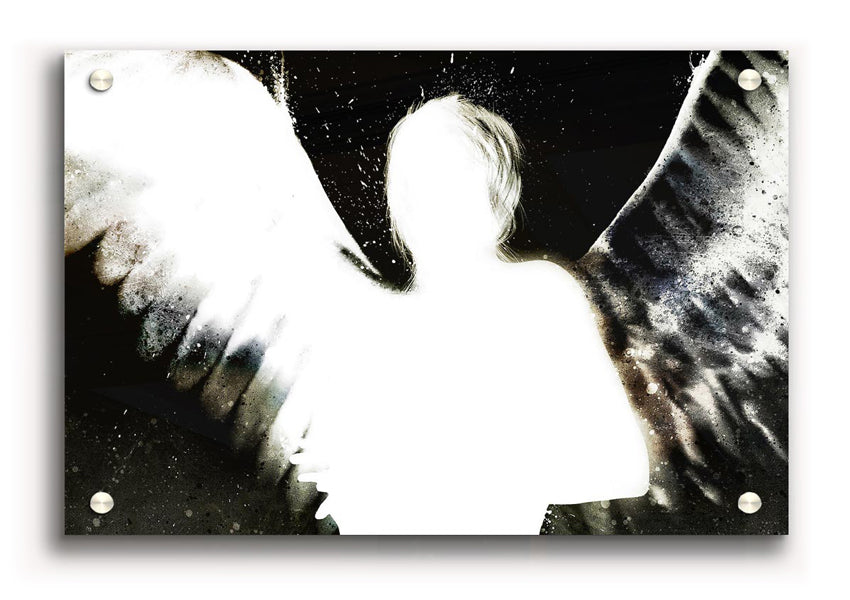 Angels In The Night White On Black acrylic print showcasing a striking white design on a black background, perfect for wall decor.