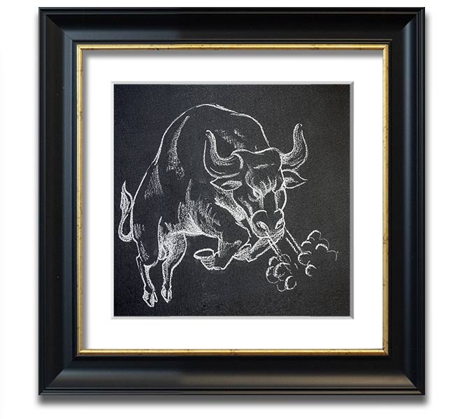 Angry Bull Square Framed Print showcasing a powerful bull design in a stylish frame, ready to hang.