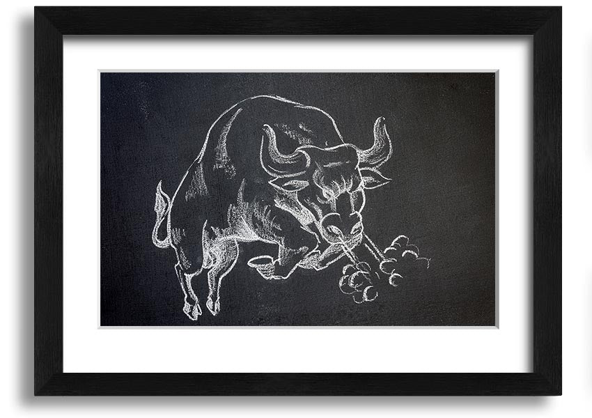 A beautifully framed Angry Bull print showcasing a powerful bull in vibrant colors, ready to hang on the wall.