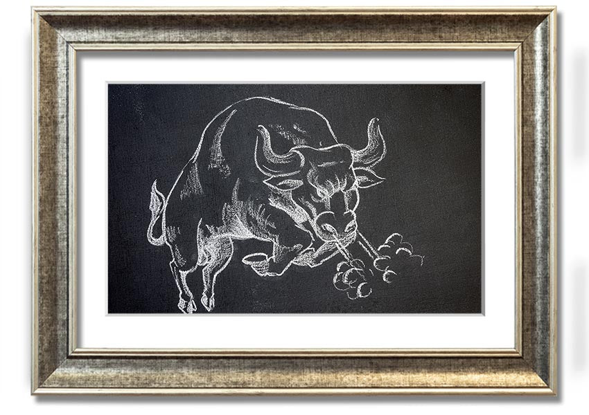 A beautifully framed Angry Bull print showcasing a powerful bull in vibrant colors, ready to hang on the wall.