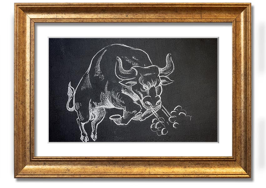 A beautifully framed Angry Bull print showcasing a powerful bull in vibrant colors, ready to hang on the wall.