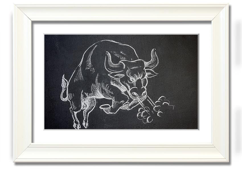 A beautifully framed Angry Bull print showcasing a powerful bull in vibrant colors, ready to hang on the wall.