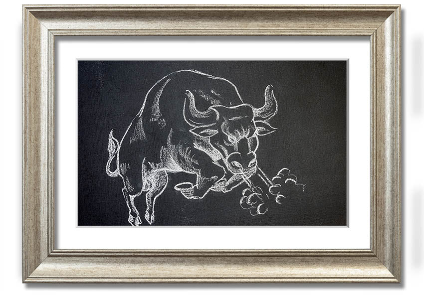 A beautifully framed Angry Bull print showcasing a powerful bull in vibrant colors, ready to hang on the wall.