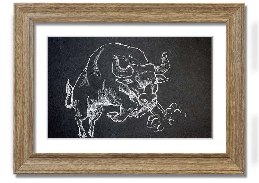 A beautifully framed Angry Bull print showcasing a powerful bull in vibrant colors, ready to hang on the wall.