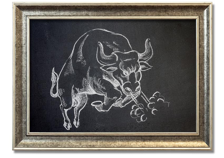 A beautifully framed Angry Bull print showcasing a powerful bull in vibrant colors, ready to hang on the wall.