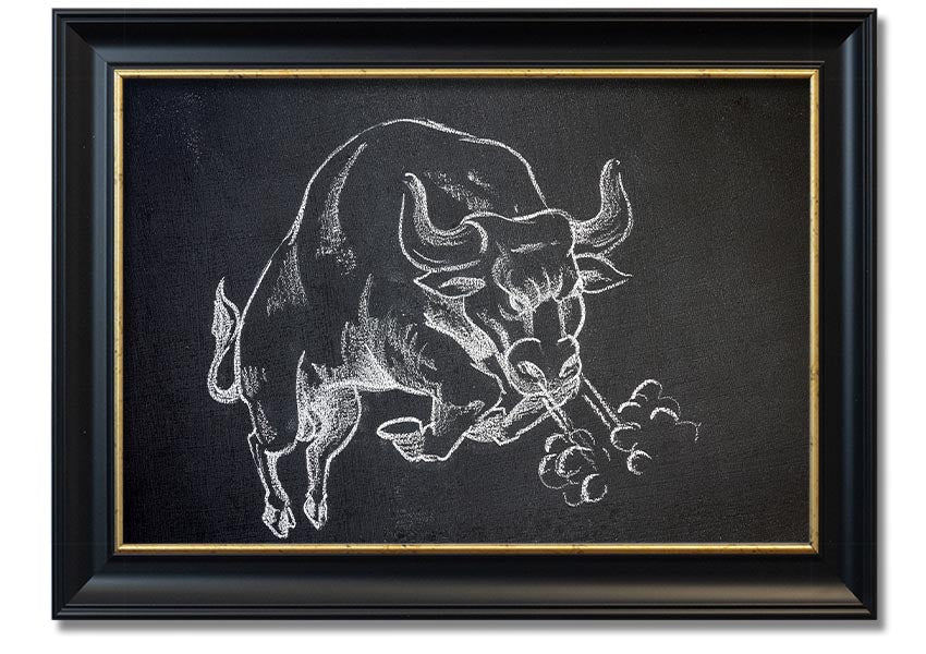 A beautifully framed Angry Bull print showcasing a powerful bull in vibrant colors, ready to hang on the wall.