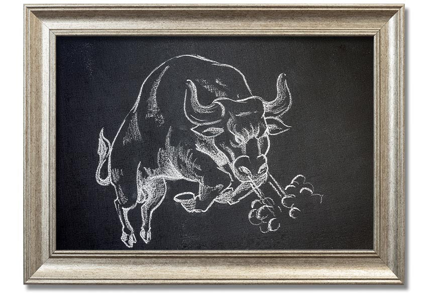 A beautifully framed Angry Bull print showcasing a powerful bull in vibrant colors, ready to hang on the wall.