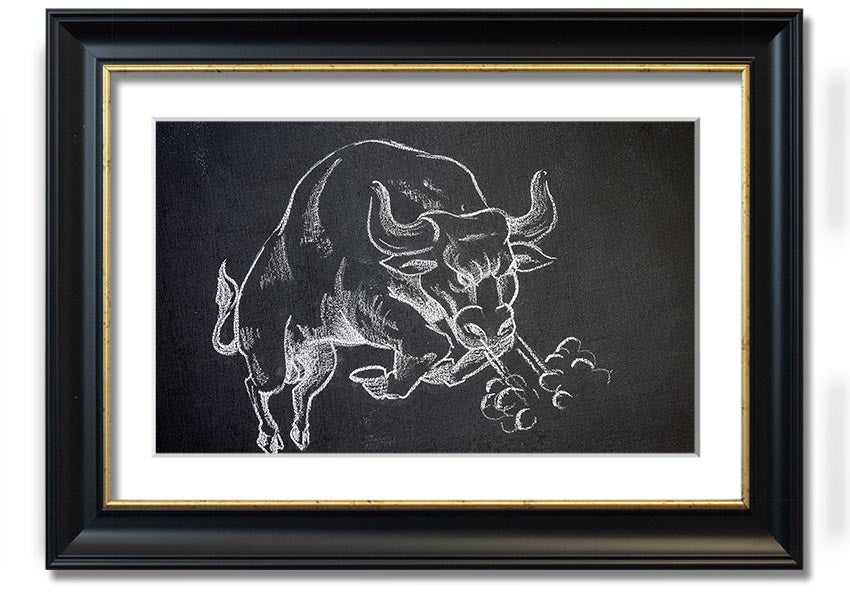 A beautifully framed Angry Bull print showcasing a powerful bull in vibrant colors, ready to hang on the wall.