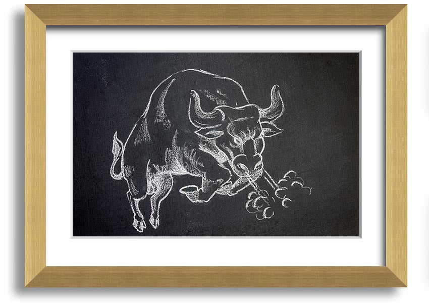 A beautifully framed Angry Bull print showcasing a powerful bull in vibrant colors, ready to hang on the wall.