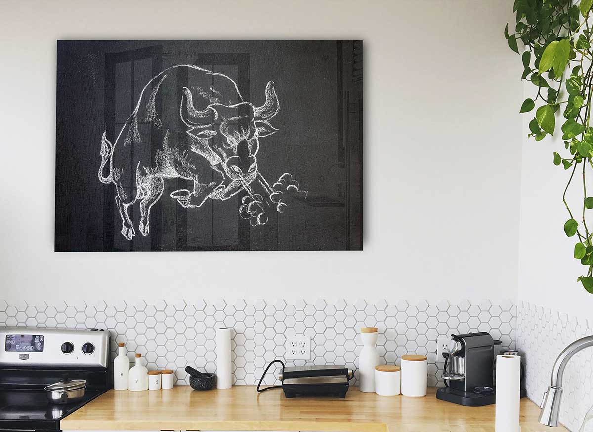 Angry Bull glass print featuring a bold bull design on a sleek glass surface, perfect for modern home decor.