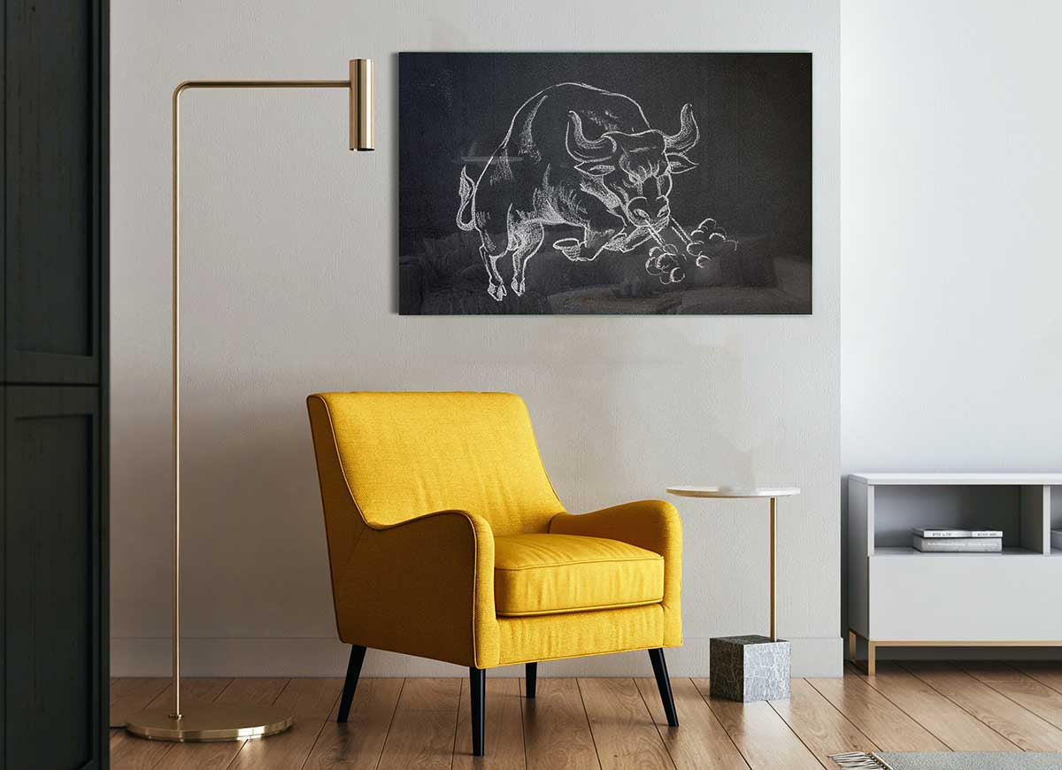 Angry Bull glass print featuring a bold bull design on a sleek glass surface, perfect for modern home decor.