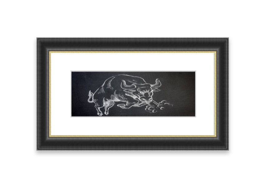 Angry Bull Cornwall framed print showcasing a powerful bull in vibrant colors, elegantly framed and ready to hang.