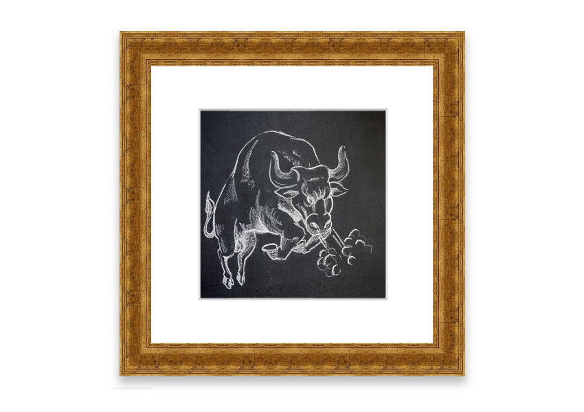 Angry Bull Cornwall framed print showcasing a powerful bull in vibrant colors, elegantly framed and ready to hang.