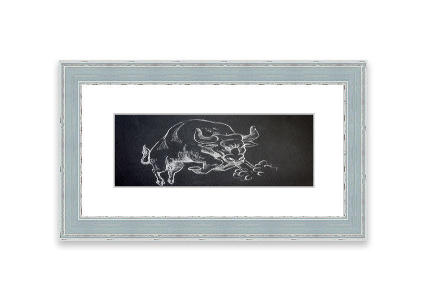 Angry Bull Cornwall framed print showcasing a powerful bull in vibrant colors, elegantly framed and ready to hang.