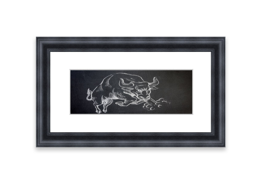 Angry Bull Cornwall framed print showcasing a powerful bull in vibrant colors, elegantly framed and ready to hang.