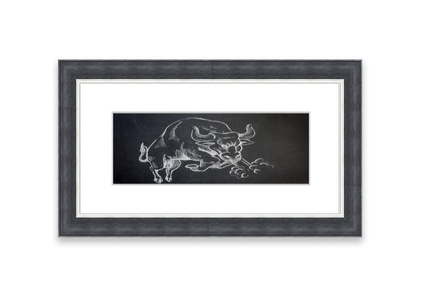 Angry Bull Cornwall framed print showcasing a powerful bull in vibrant colors, elegantly framed and ready to hang.