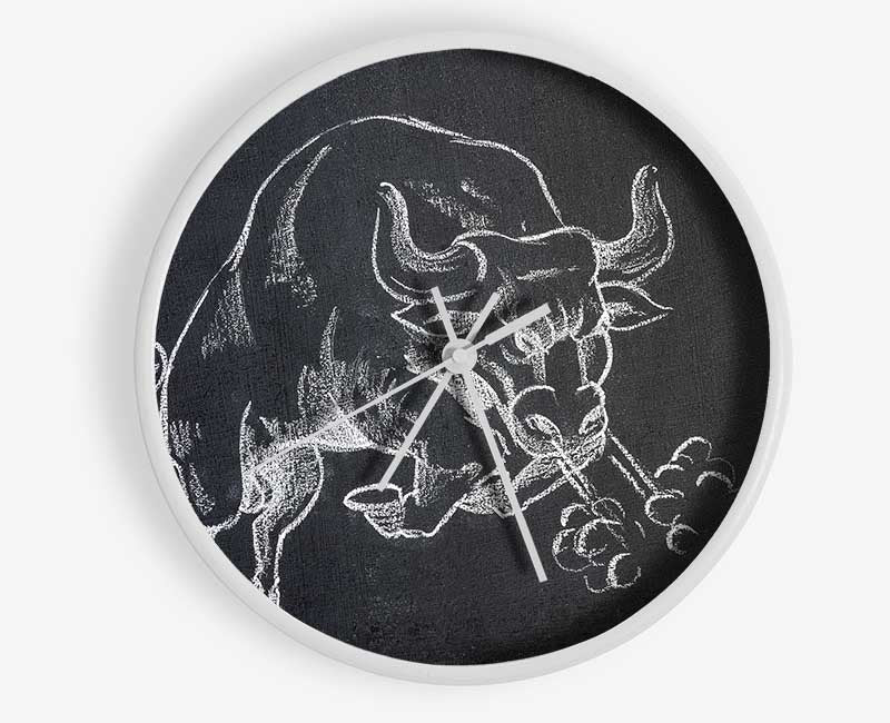 Angry Bull bamboo clock with a round face, available in black, white, and natural frame colors, featuring a clear Plexiglas lens.